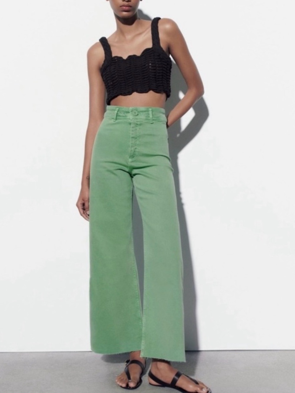 Zara High-Rise Wide-Leg Jeans in Light Green
